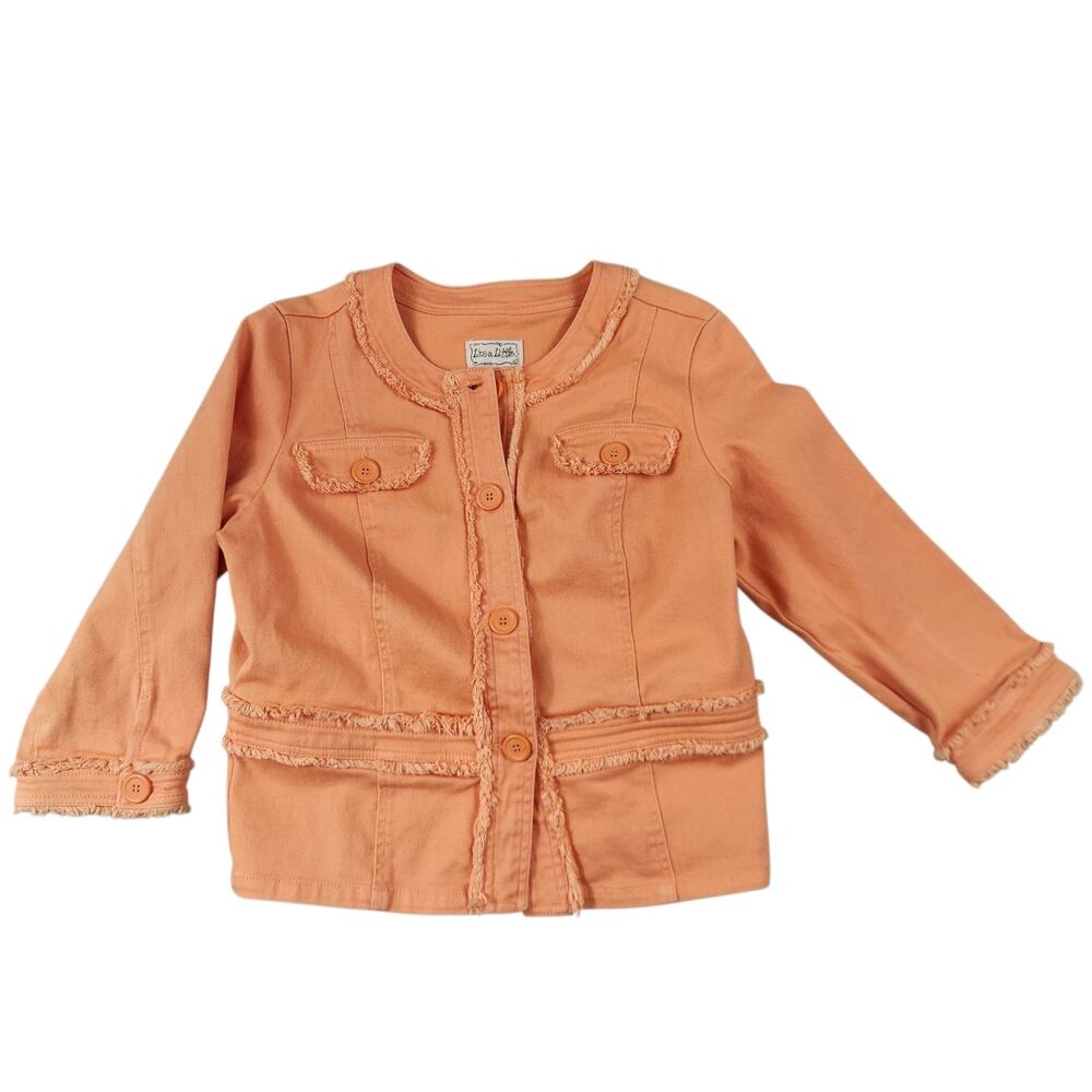 Live a Little orange jean‎ jacket fringe trim sz large petite button front